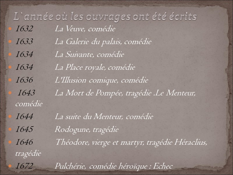 1632 La Veuve, comédie 1633 La Galerie du palais, comédie 1634 La Suivante, comédie